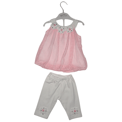Ensemble Bébé Fille Rose et Blanc – T-shirt Bretelle Dentelle + Pantacourt Fleuris Little Stars