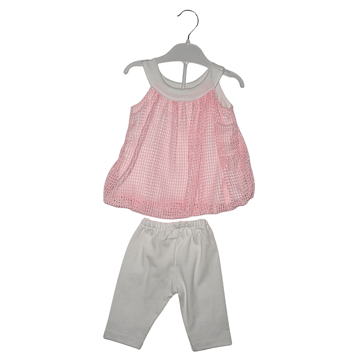 Ensemble Bébé Fille Rose et Blanc – T-shirt Bretelle Dentelle + Pantacourt Fleuris Little Stars