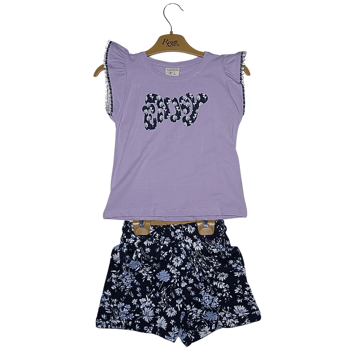 Ensemble Fille Été T-shirt Mauve "Enjoy" & Short Bleu Marine Fleuri Little Stars