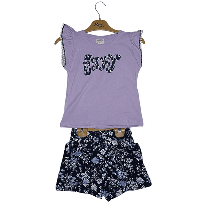 Ensemble Fille Été T-shirt Mauve "Enjoy" & Short Bleu Marine Fleuri Little Stars