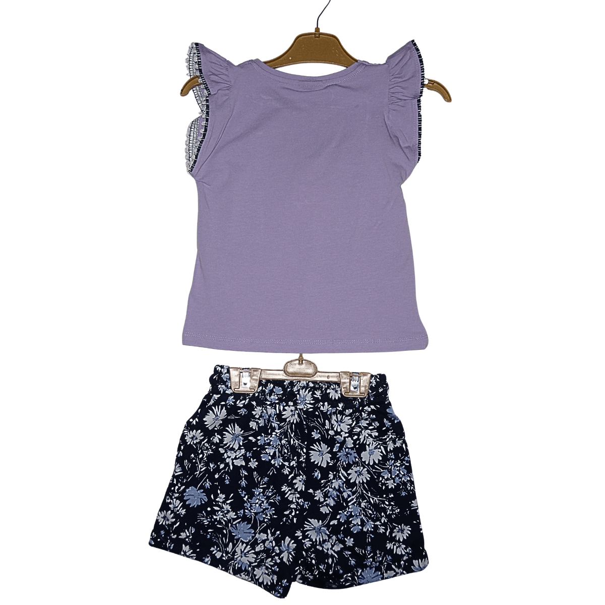 Ensemble Fille Été T-shirt Mauve "Enjoy" & Short Bleu Marine Fleuri Little Stars