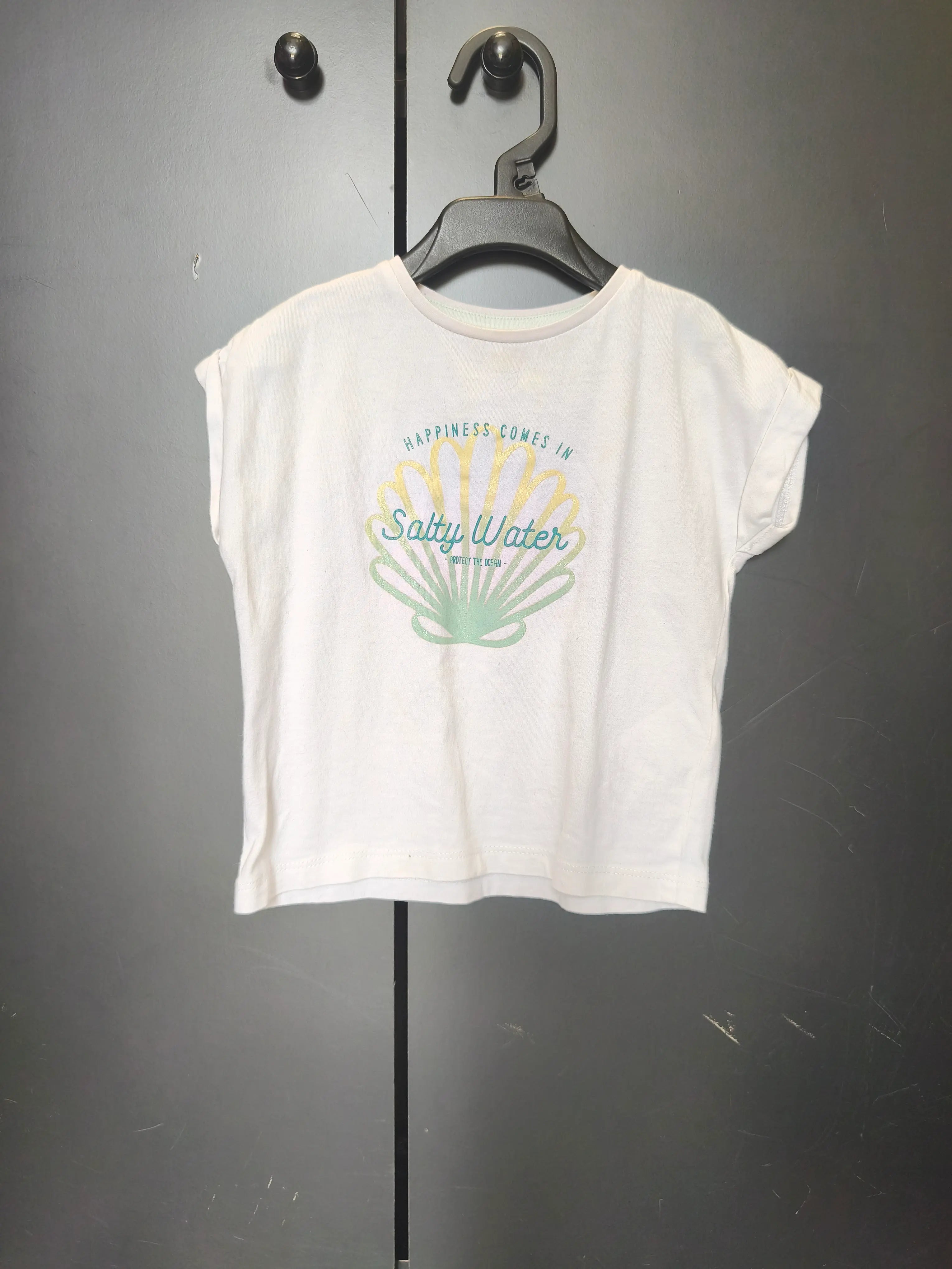 T-shirt Verbaudet 2 ans - Blanc, coquillage & message "Happiness comes in salty water"