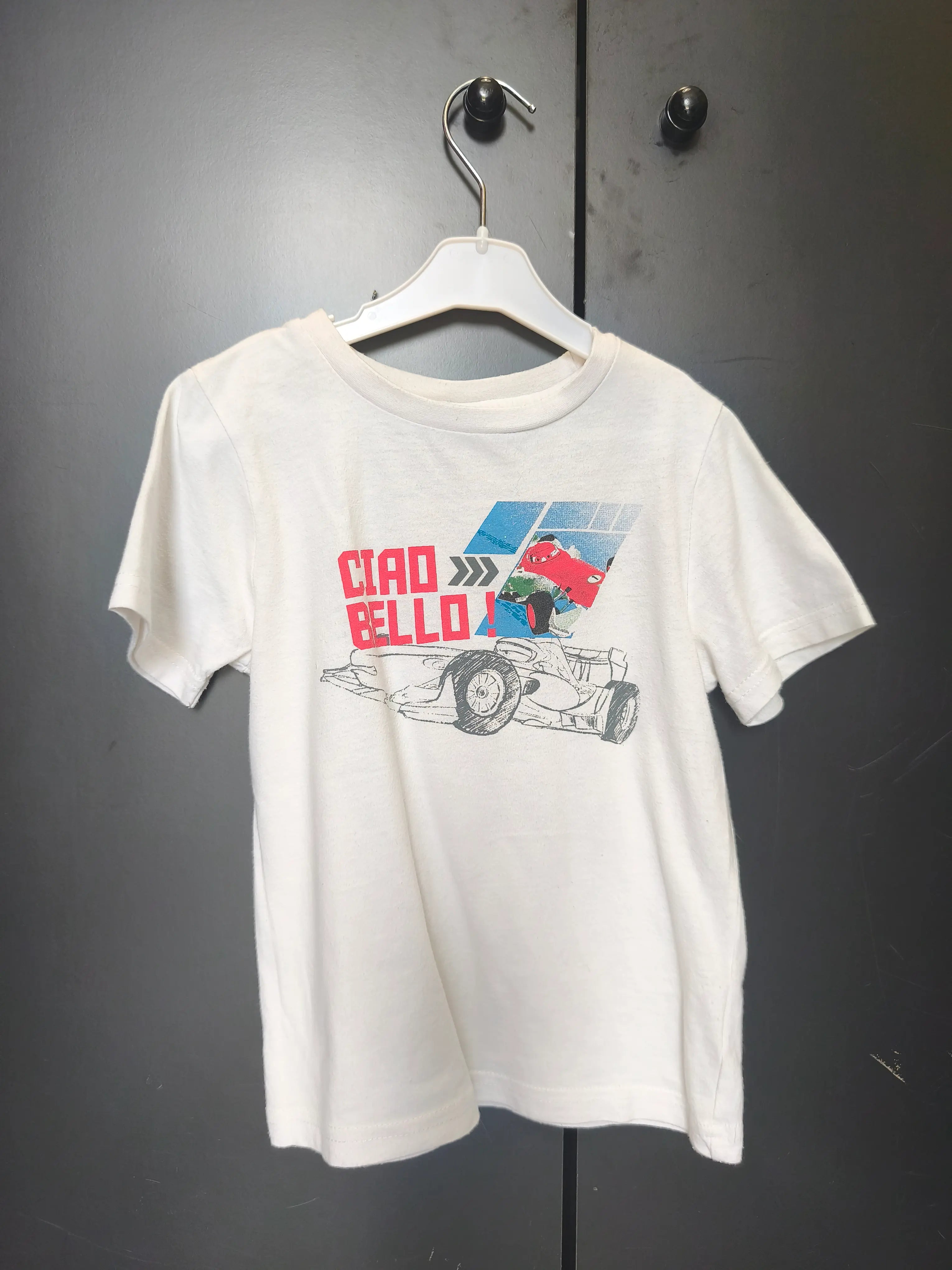 T-shirt garçon Cars 5 ans - Blanc avec voiture et "Ciao Bello"