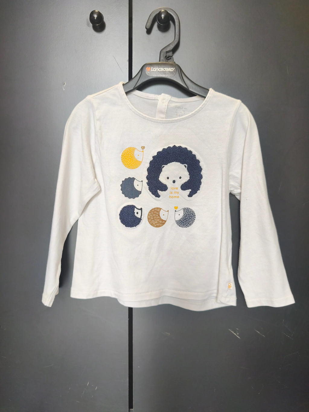 T-shirt Obaïbi 24 mois - Blanc, broderie hérisson & bouton au dos