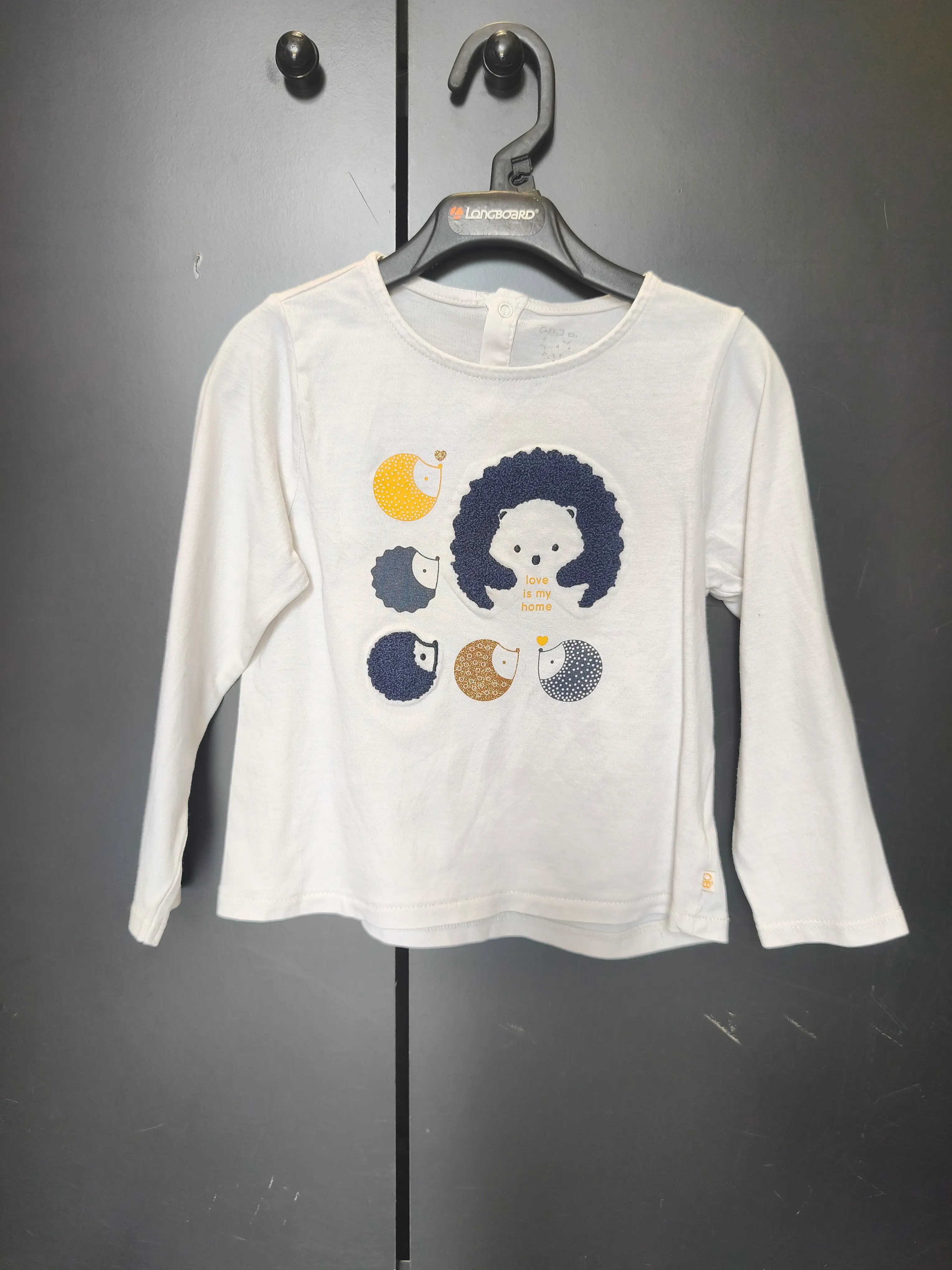 T-shirt Obaïbi 24 mois - Blanc, broderie hérisson & bouton au dos