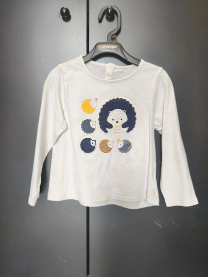 T-shirt Obaïbi 24 mois - Blanc, broderie hérisson & bouton au dos ref 48