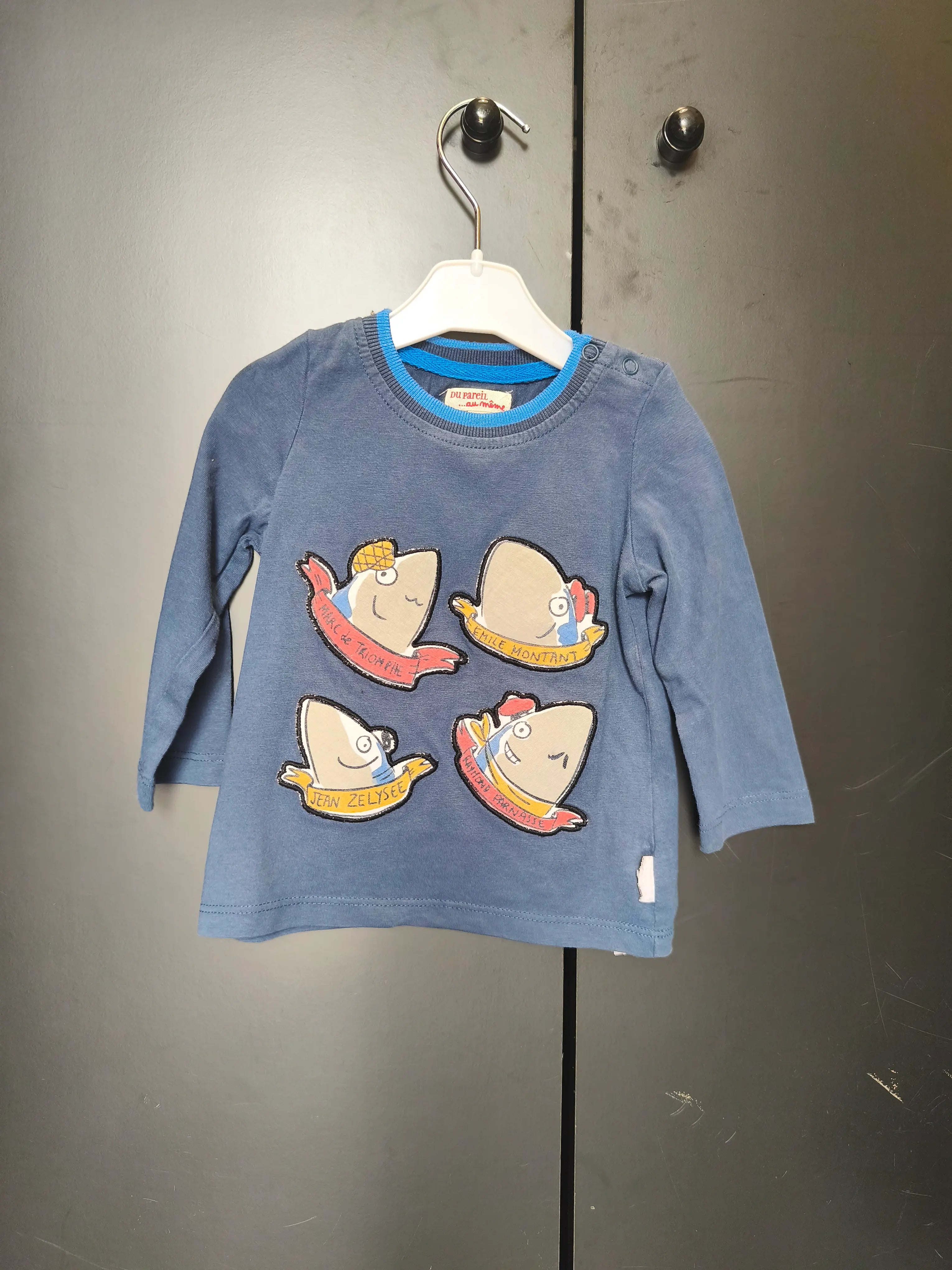 T-shirt DPAM 12 mois - Bleu nuit manches longues & broderie requin