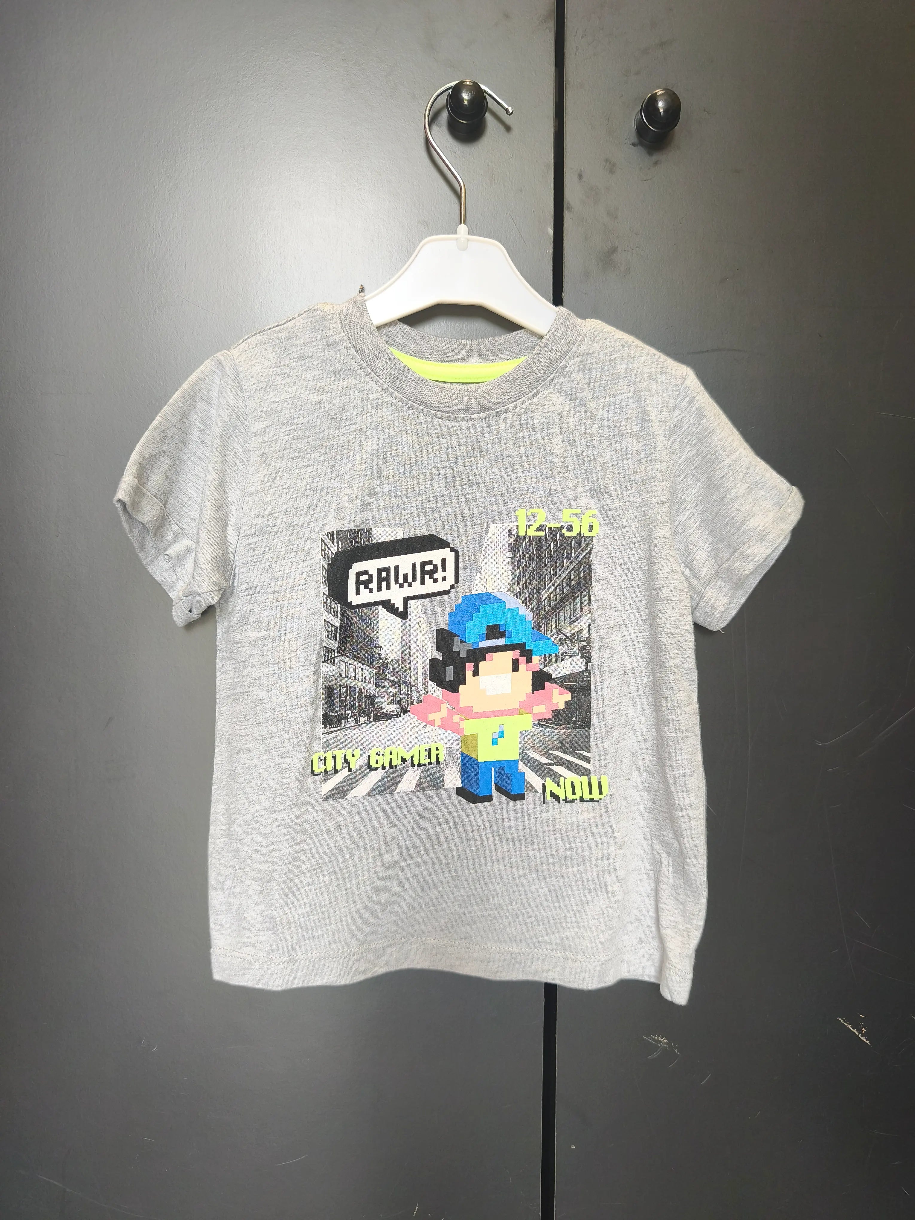 T-shirt Tissaïa 3 ans - Gris avec motif pixelisé et touches de vert