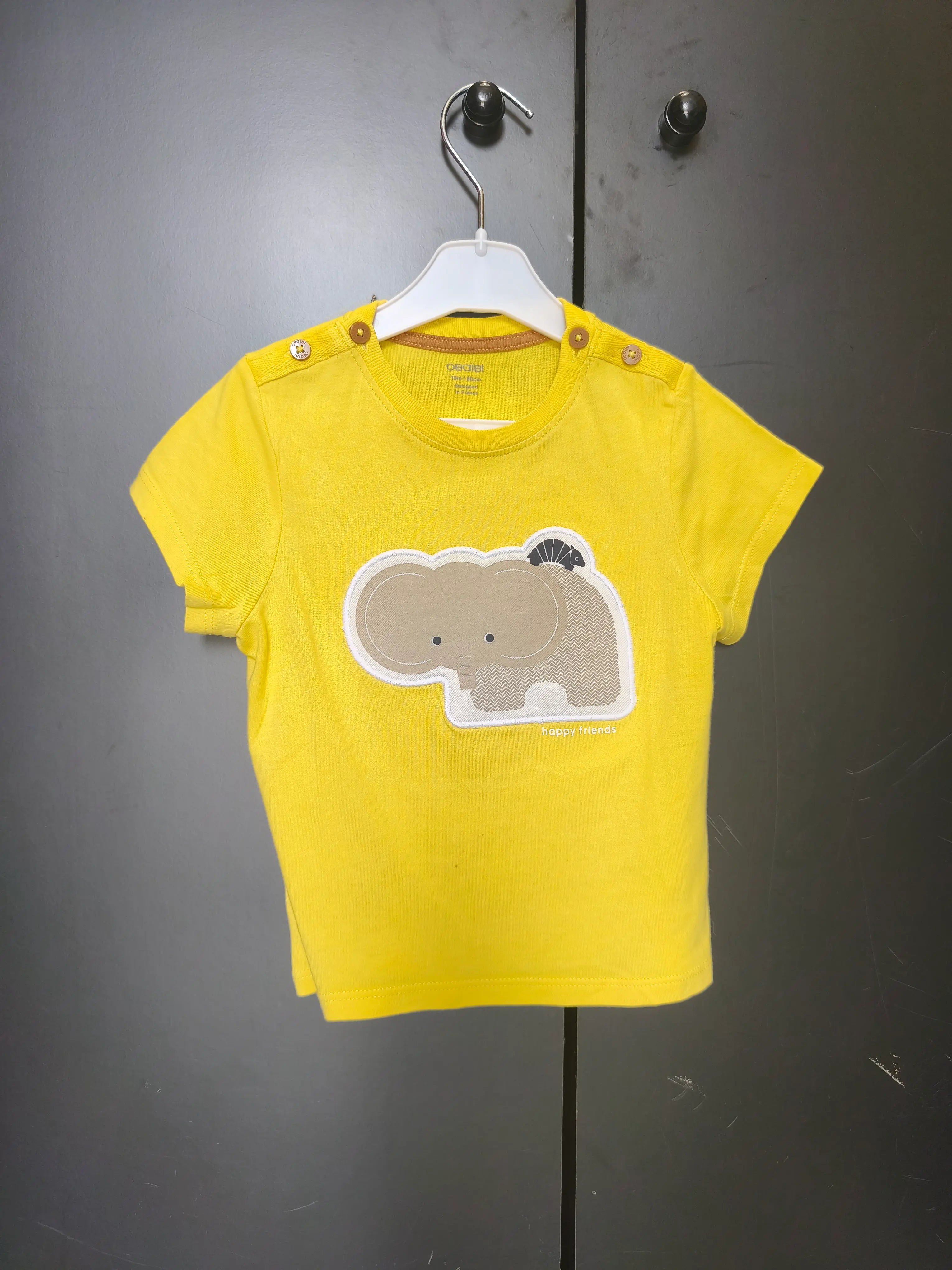 T-shirt Obaïbi 18 mois - Jaune avec éléphant brodé et boutons épaules