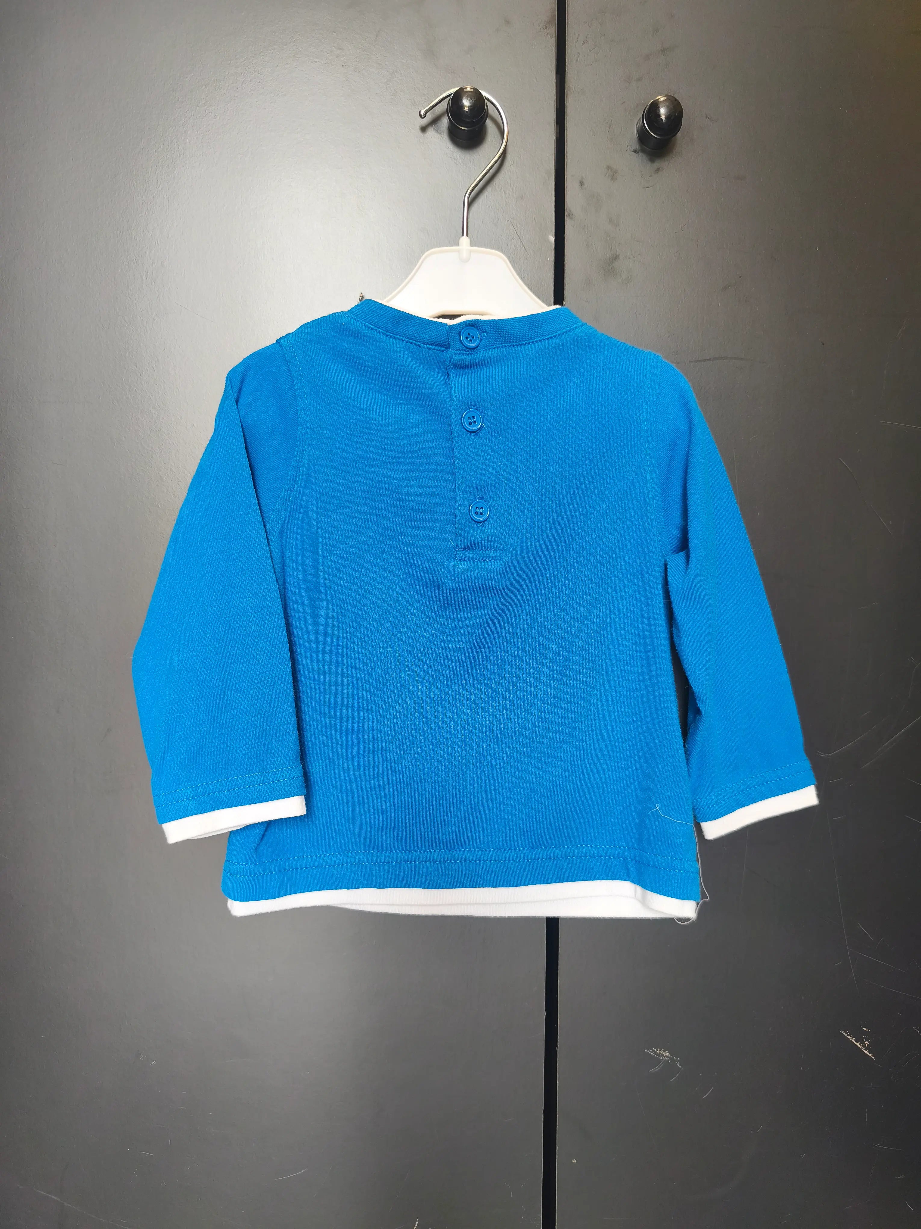 T-shirt bébé 12 mois - Bleu roi col V & broderie bateau, effet superposé
