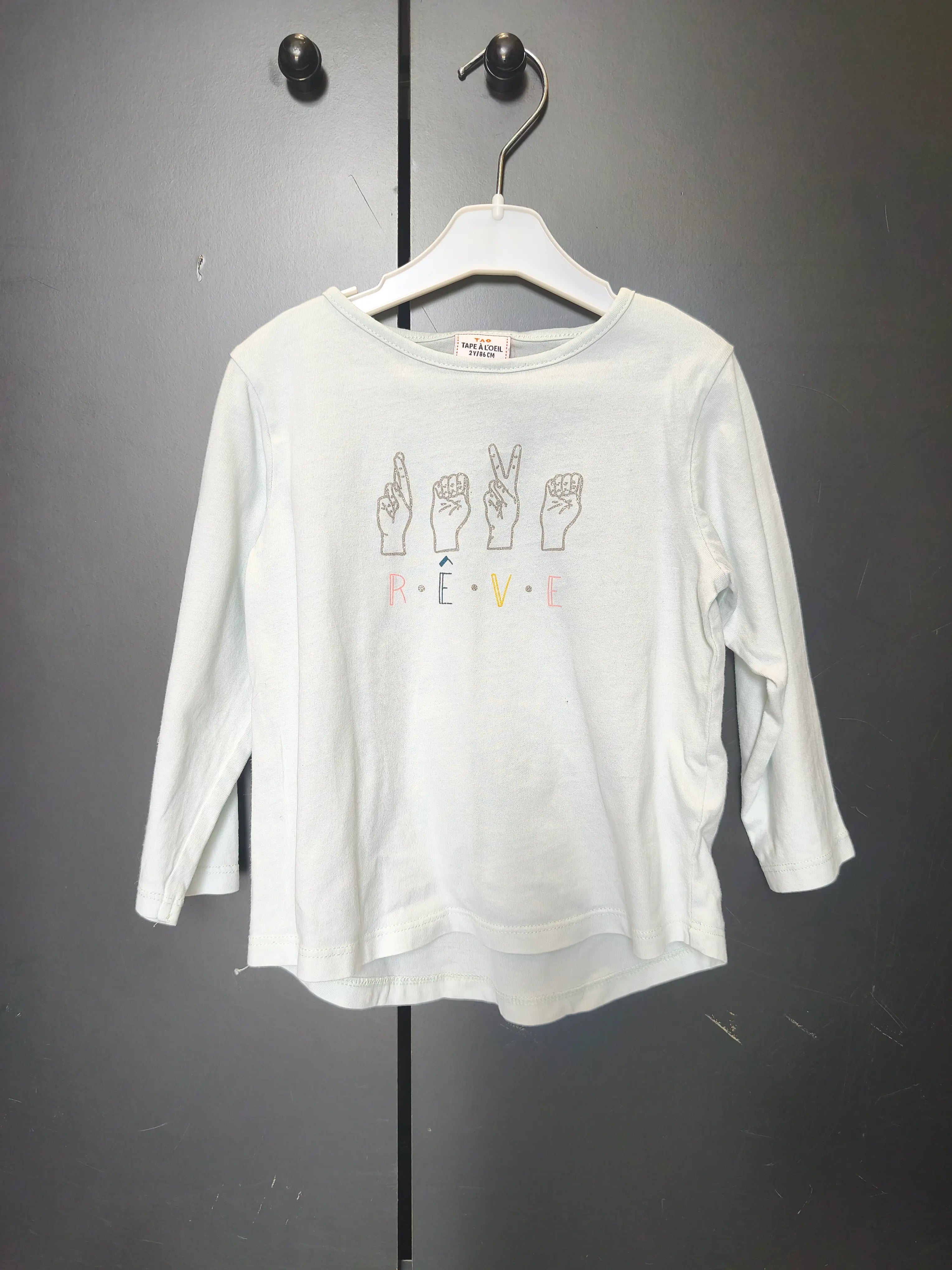 T-shirt Tape à l’Œil 2 ans - Vert d’eau, "rêve" & dessin main, 100% coton