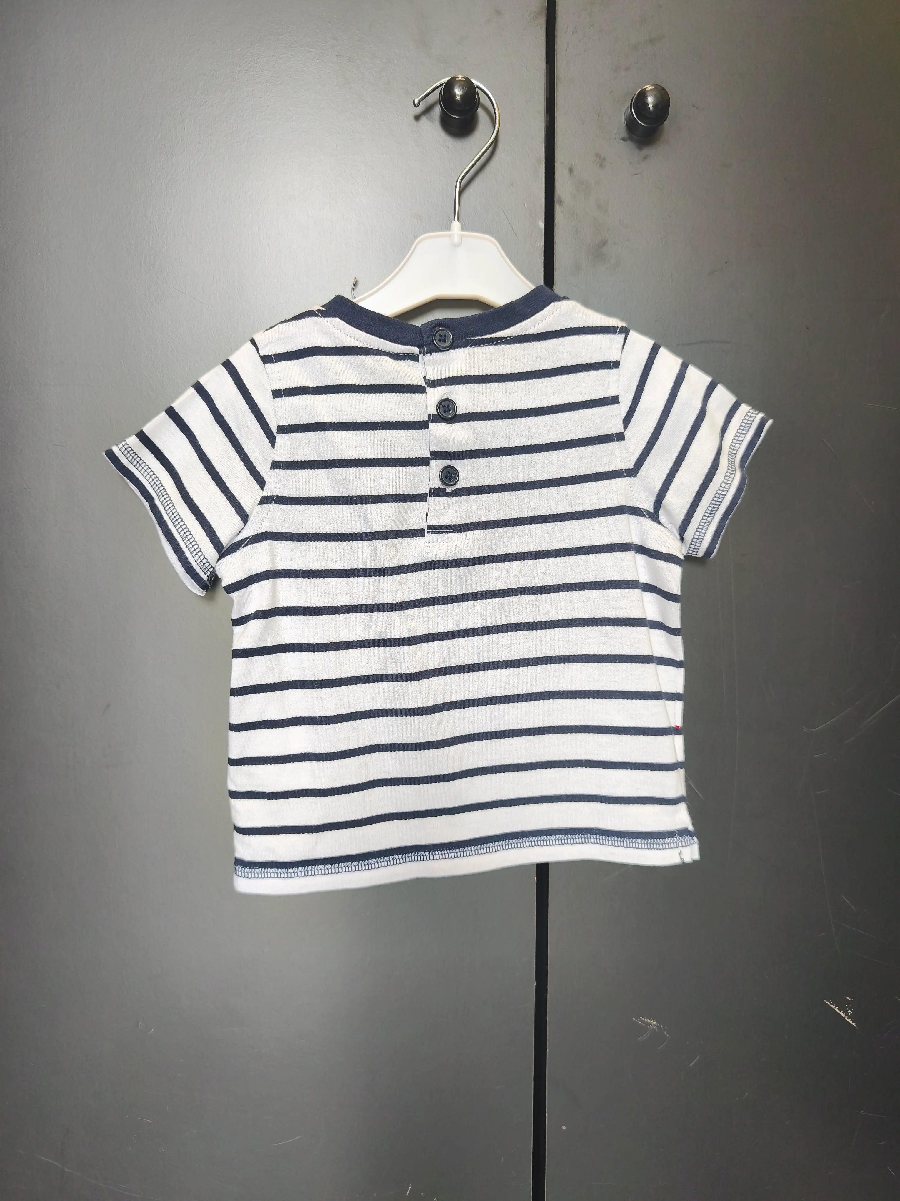 T-shirt marinière bébé 12 mois - Blanc & bleu avec broderie bateau
