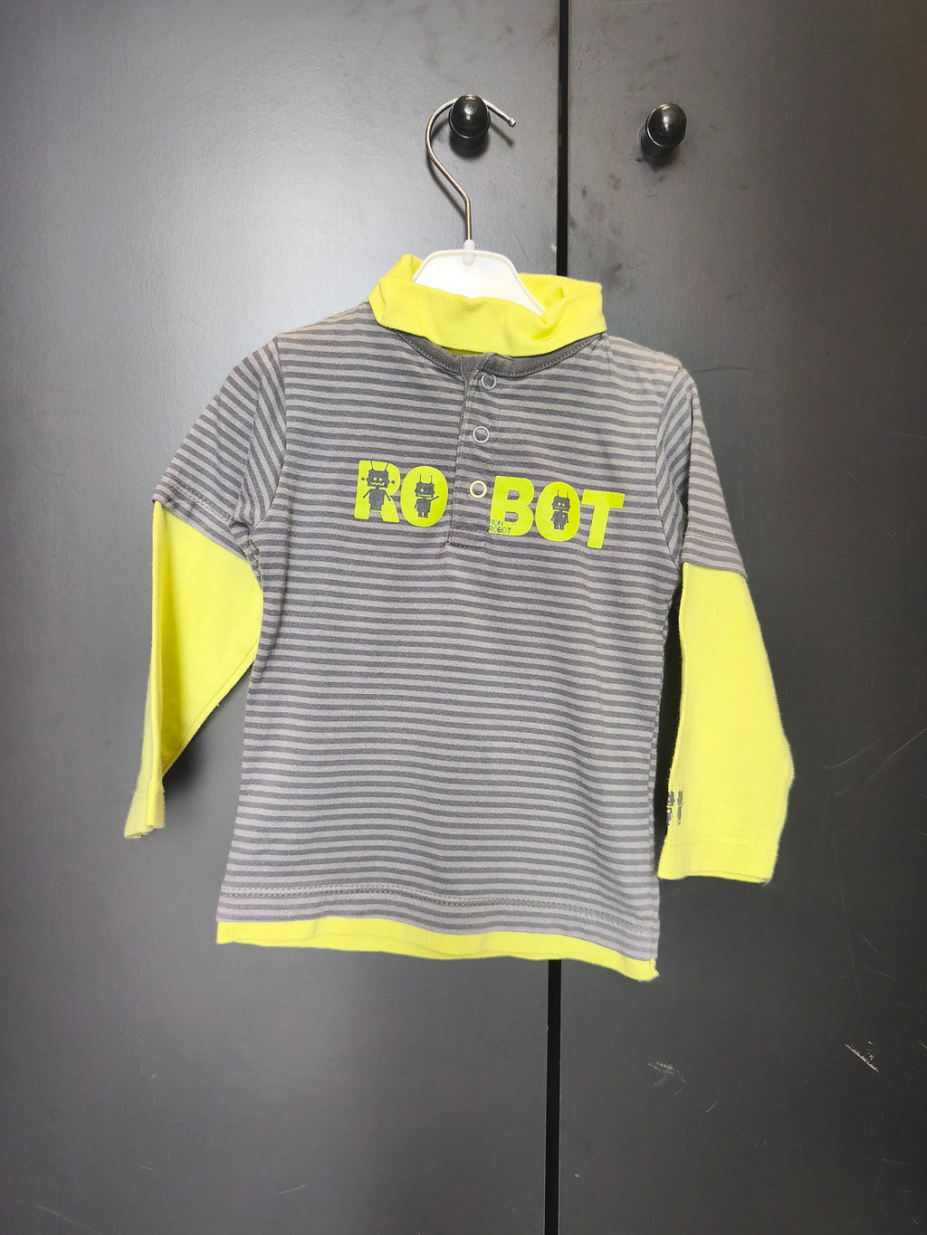 T-shirt superposé Tout Compte Fait 18 mois - Marinière grise & "Robot"