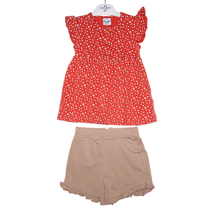 Ensemble Fille Été – Tunique Rouge à Fleurs & Short Marron Little Stars